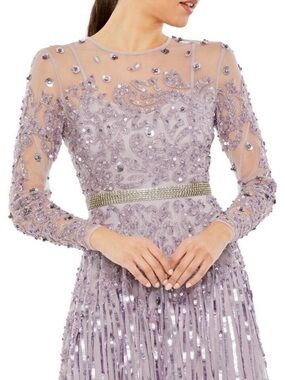 NWT Mac Duggal Illusion High Neck Long-Sleeve Tea Length Dress Lilac #9857
